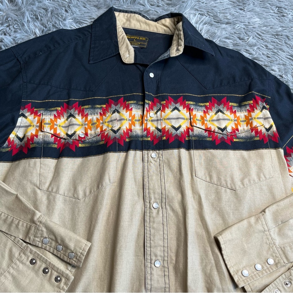 Wrangler Rustler Shirt Mens Large Pearl Snap Southwestern Cowboy Rodeo Blue Tan - Picture 2 of 8